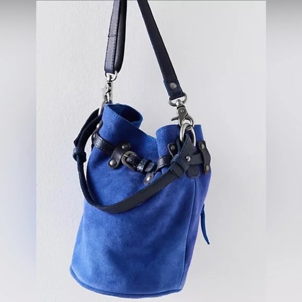 Free People Blue Suede Soren Bucket Bag Purse